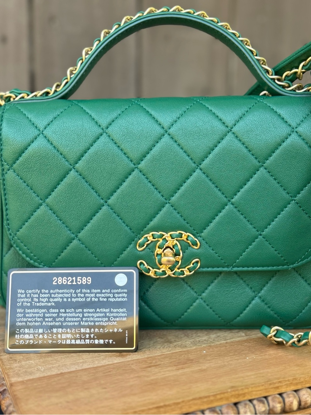 CHANEL Green Quilted Leather Shoulder Bag with Gold CC Hardware